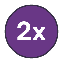 Purple circle icon with 2x text.