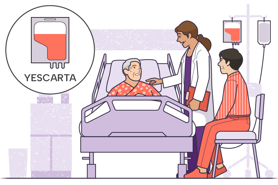 A patient with the oncologist and caregiver during YESCARTA® (axicabtagene ciloleucel) infusion at the certified treatment center.