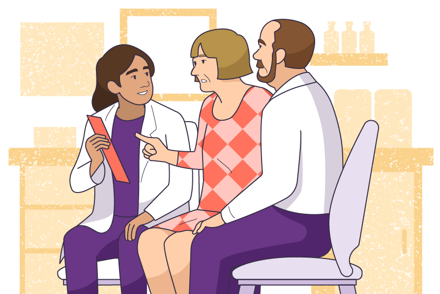 Three individuals looking at a tablet.