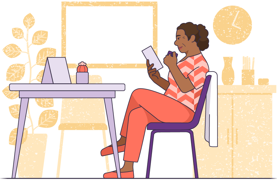 A caregiver sitting down and reading.