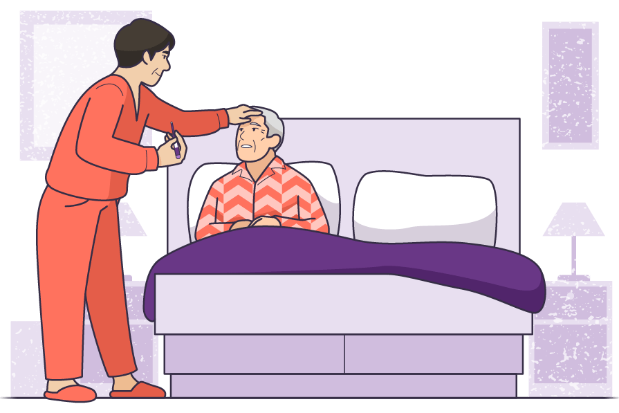 A caregiver taking a patient's temperature while the patient recovers at home.